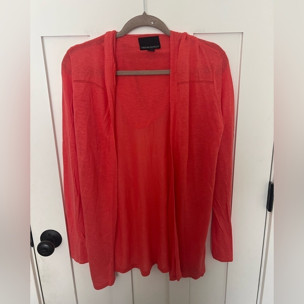 Cynthia Rowley Open Cardigan Sweater Womens M Coral Hooded Linen Blend Coastal - Picture 1 of 6